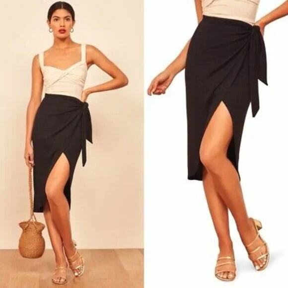 Reformation Dresses & Skirts - Reformation Jeans NWT Ribbed Side Tie Faux Wrap Skirt Blue Size L